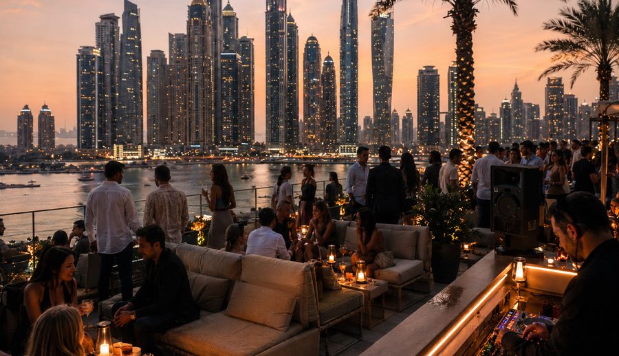 Rooftop terrace in Dubai at sunset with guests and the Marina skyline behind