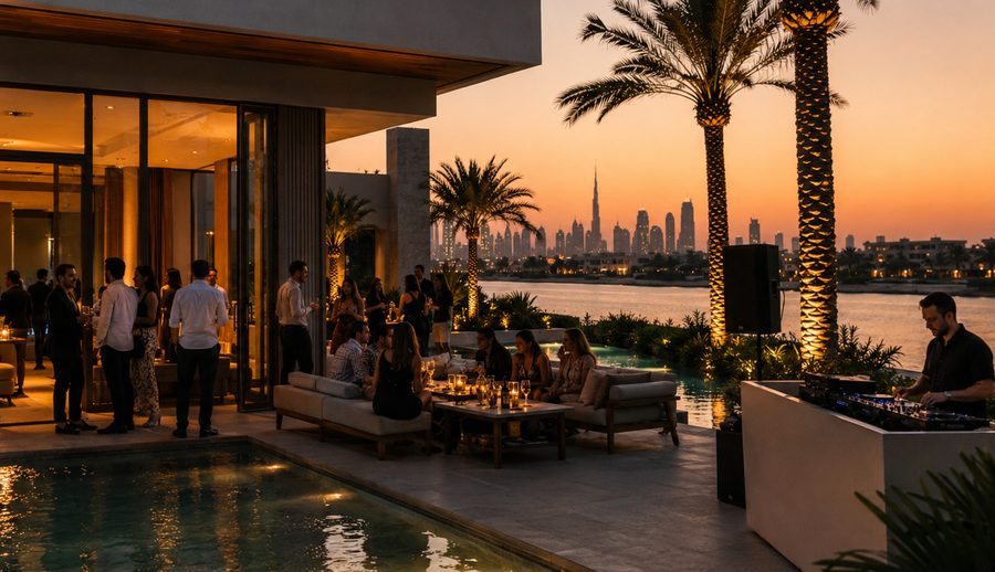 Private villa in Dubai at dusk with a lit pool and guests around the DJ booth