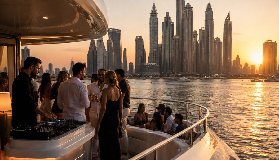 DJ and guests on a yacht deck in Dubai with the Marina skyline behind