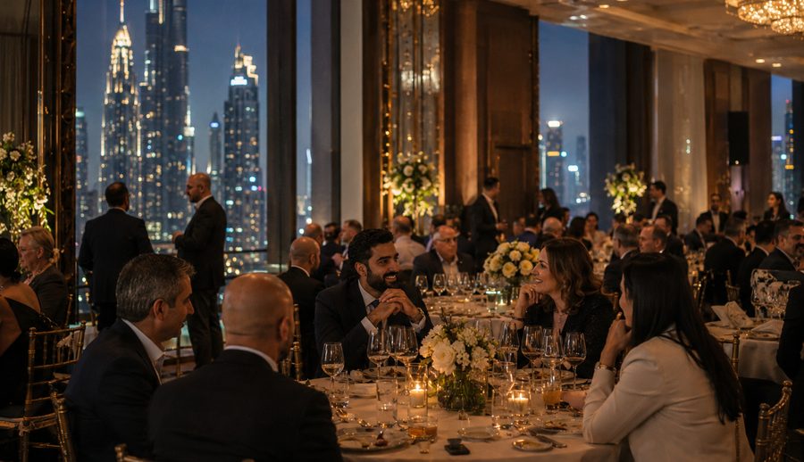 Gala dinner in a Dubai ballroom with the city skyline through the windows