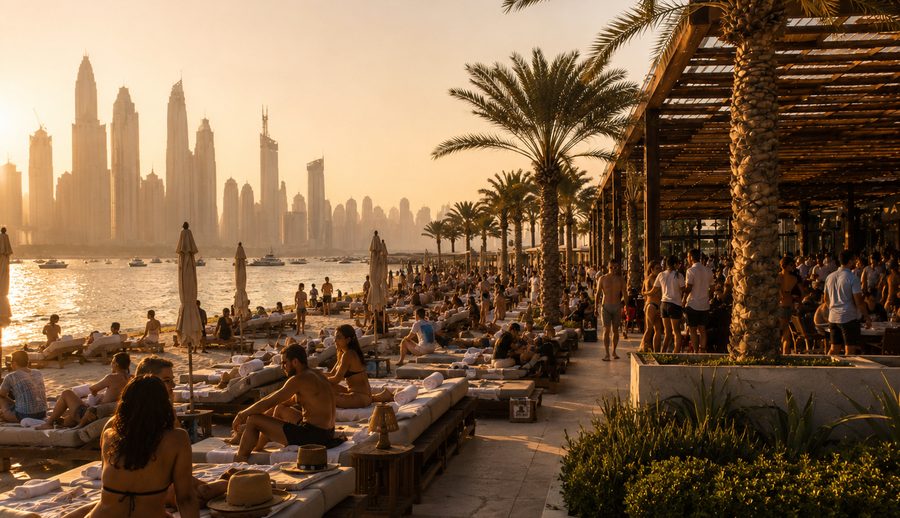Beach club in Dubai with sun loungers, palms and the skyline on the horizon