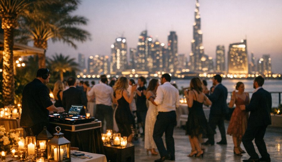 Evening wedding celebration on a hotel terrace in Dubai, candles on long tables and the skyline behind
